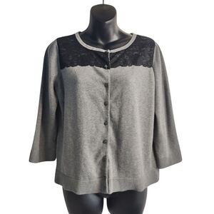 Ann Taylor LOFT Women's Gray Lace Trimmed Sweater Cardigan Size Large